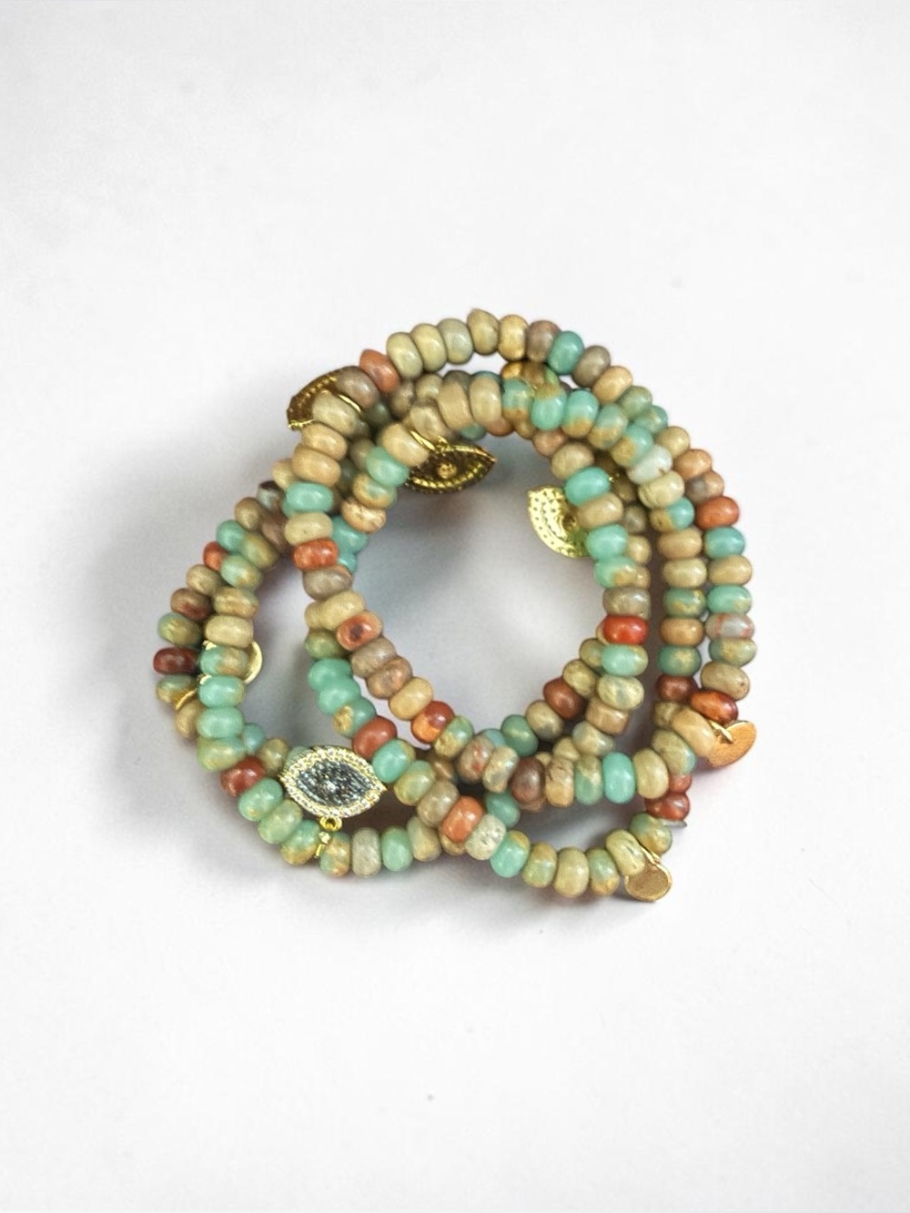 Boho Natural Stone Set of 4 Stretch bracelets / Turq Jasper/ Evil Eye Druzy NWOT